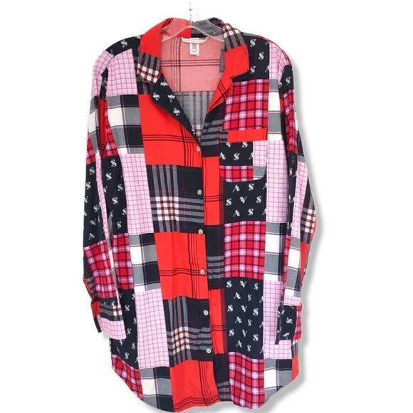 Victoria's Secret Red Patchwork Nightshirt Button Front Knee Length LS Cotton XS - Picture 1 of 9
